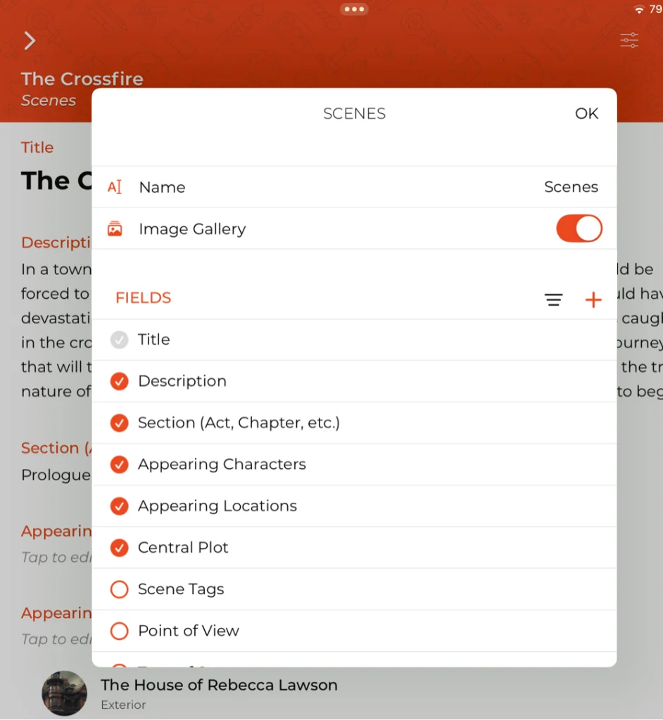 Customizable scene and character cards in Story Planner – add, remove, and reorder fields for your writing projects.