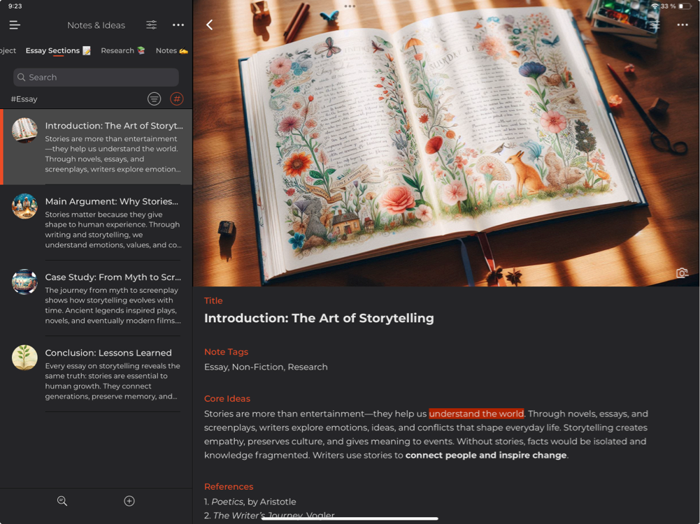 Storyboard writing app: attach images to story cards, from character portraits to scene settings.